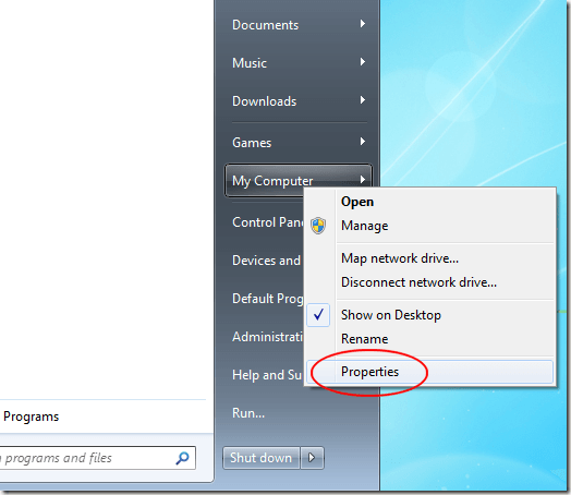 Click on My Computer Properties