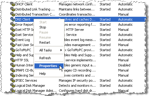 Selecting Properties for DNS Client service